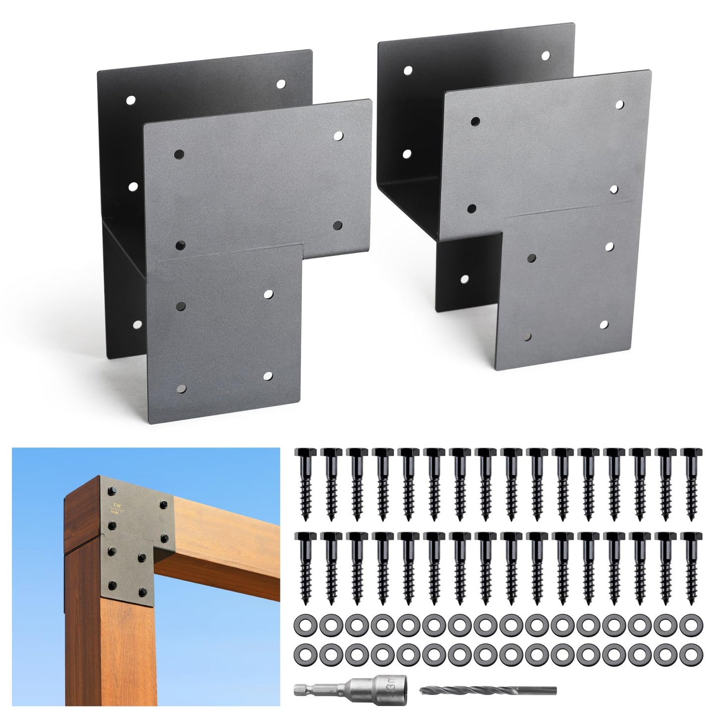 AJOVW 4 Pack 6x6 Post Anchor Connector, Heavy Stainless Steel End Post Cap Tie Brackets for Decks, Porches, Gazebos, etc Wood Post and Beam Anchor Connector (Black)