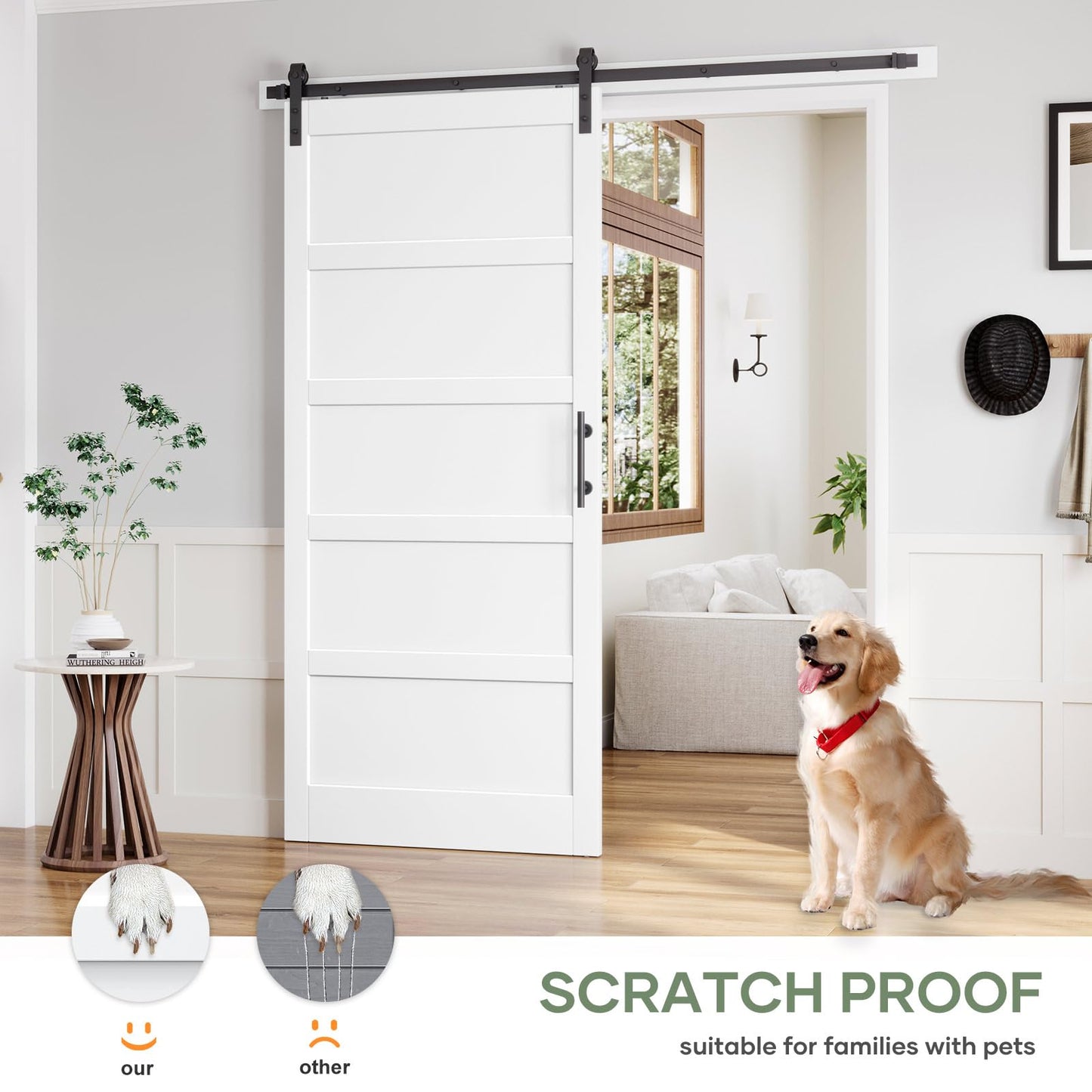 ROYMELO 42x96 Inch White Sliding Barn Door Slab with 7ft Hardware Kit Included, 5-Panel, MDF Wood Panel Covered with Water-Proof Scratch-Proof PVC Surface, Simple DIY Assembly