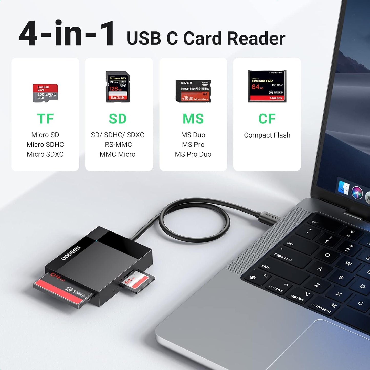 UGREEN 4-in-1 15, USB C SD Card Reader Memory Card Adapter External SD Micro SD MS CF Compact Flash Camera Card Reader