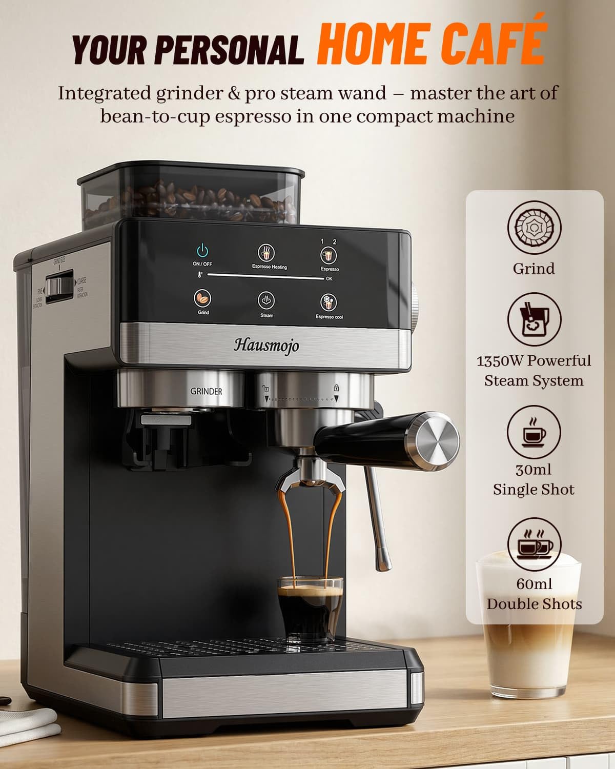 Hausmojo Espresso Machine with Grinder & Milk Frother, 20 Bar