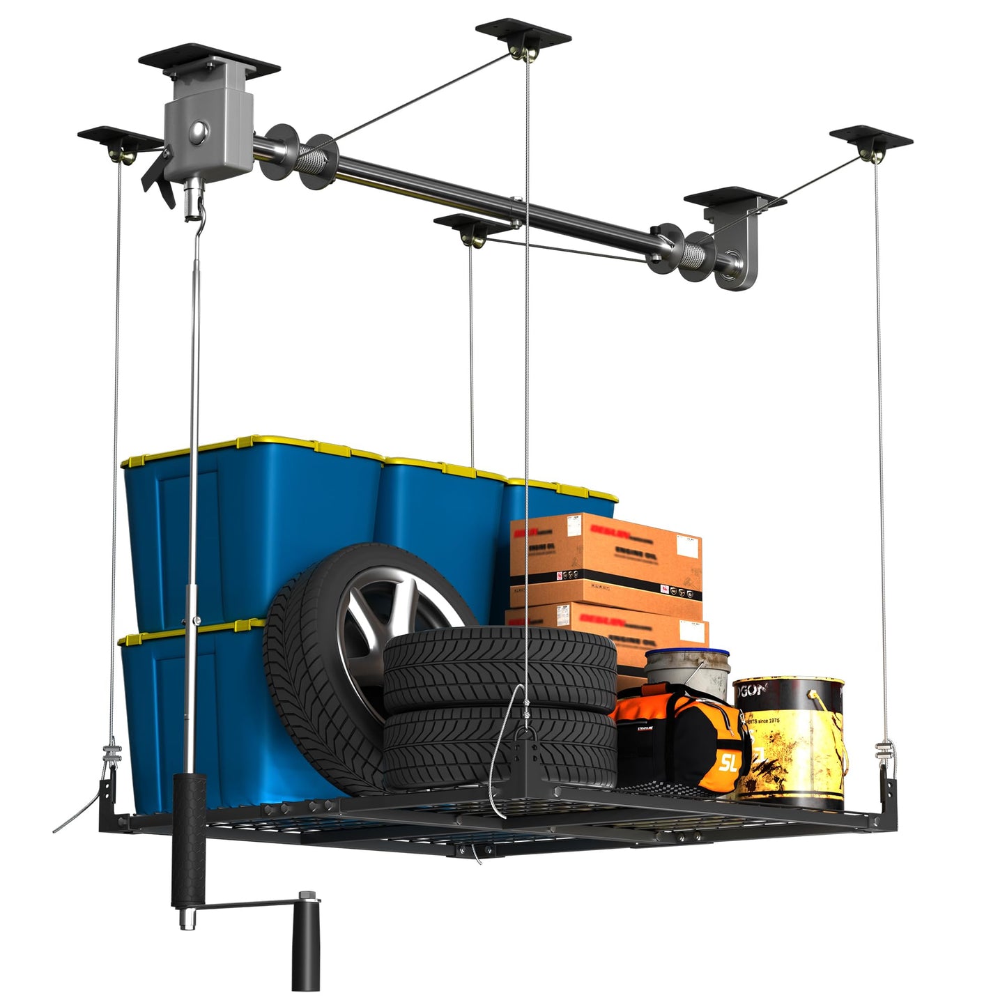 UODENGA Overhead Garage Storage Rack,4x4FT Ceiling Storage Racks with Secure Lock,Garage Storage Lift System for Easy Up Down,Industrial Elevator Lift Holds 400 Lbs