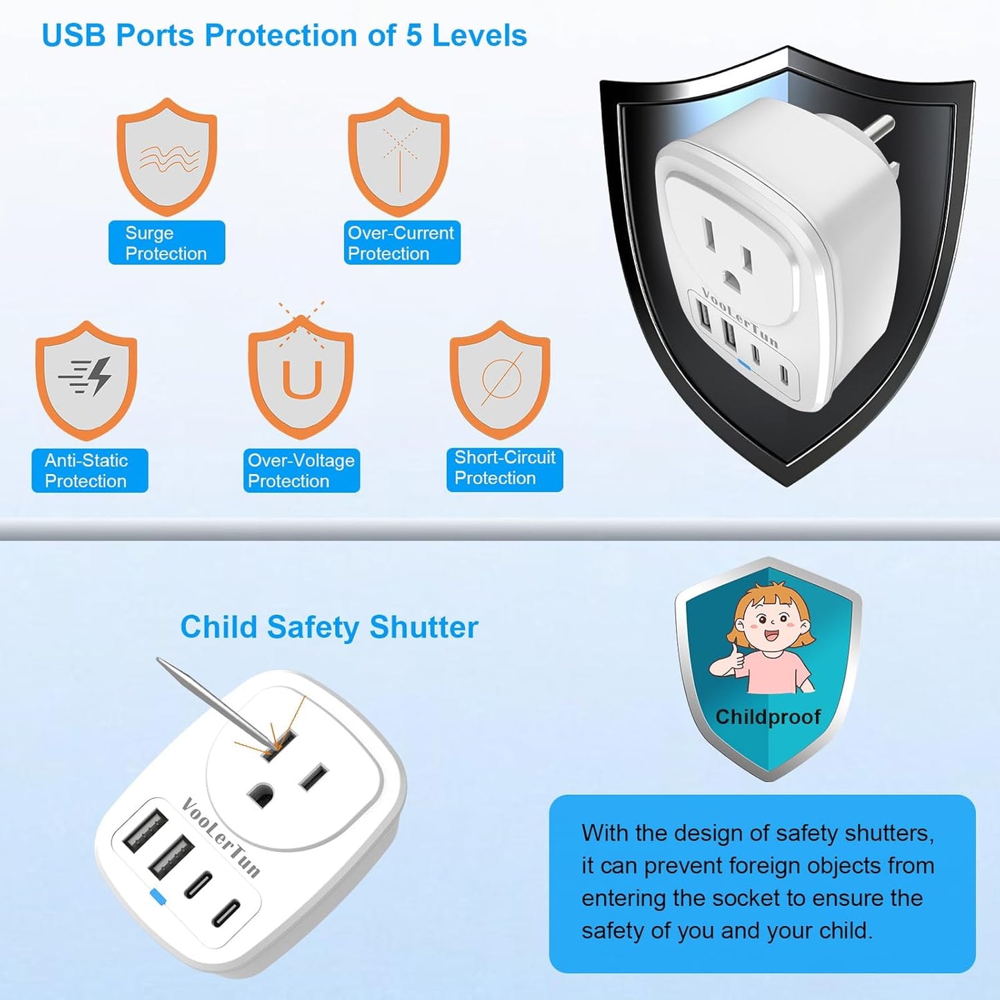 VooLerTun 2 Pack Outlet with USB Ports Cruise Approved Power Strip Wall Outlet Extender Splitter, USB Outlet Plug