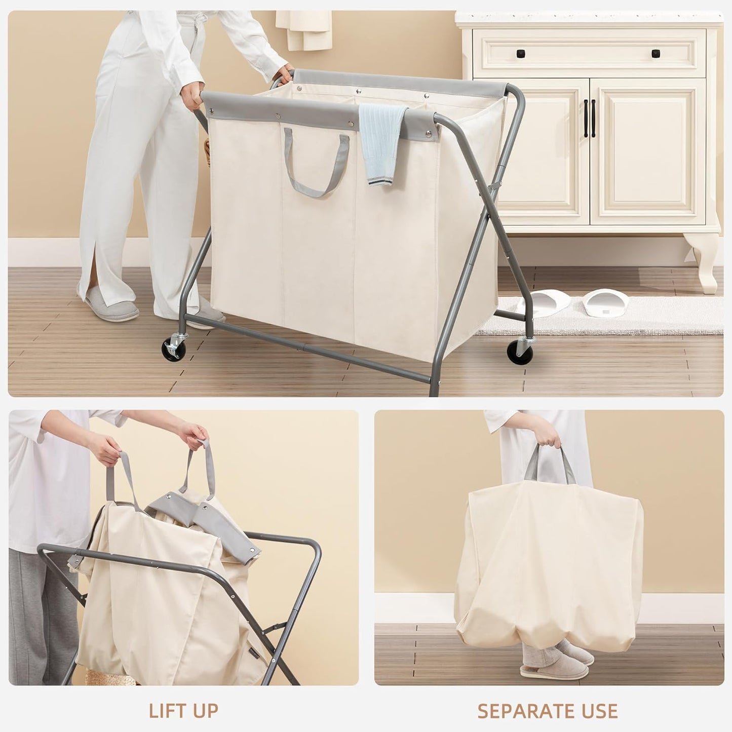 Storage Maniac 160L Collapsible Laundry Hamper - Heavy Duty Rolling Basket with Removable Bag & 3 Sections