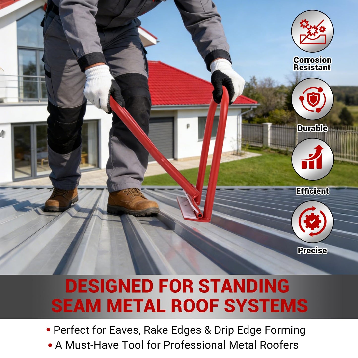 Standing Seam Roofing Tools HTSL25E2, Roof Eaves Seam Bender with PVC Insert, Metal Roofing Drip Edge Folding Tool for Roofer and Sheet Metal Worker, High-strength Metal Eaves Seam Locker(Red)