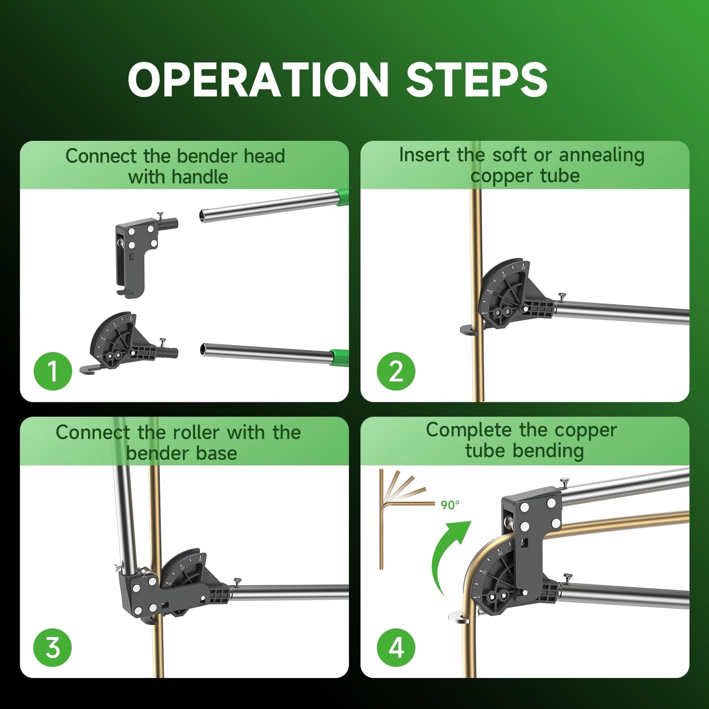 WIPCOOL 4-in-1 Professional 90° Tube Bender with Interchangeable Heads – 1/2", 5/8", 3/4", 7/8" O.D., Detachable Manual Pipe Bender for HVAC & Refrigeration Installation