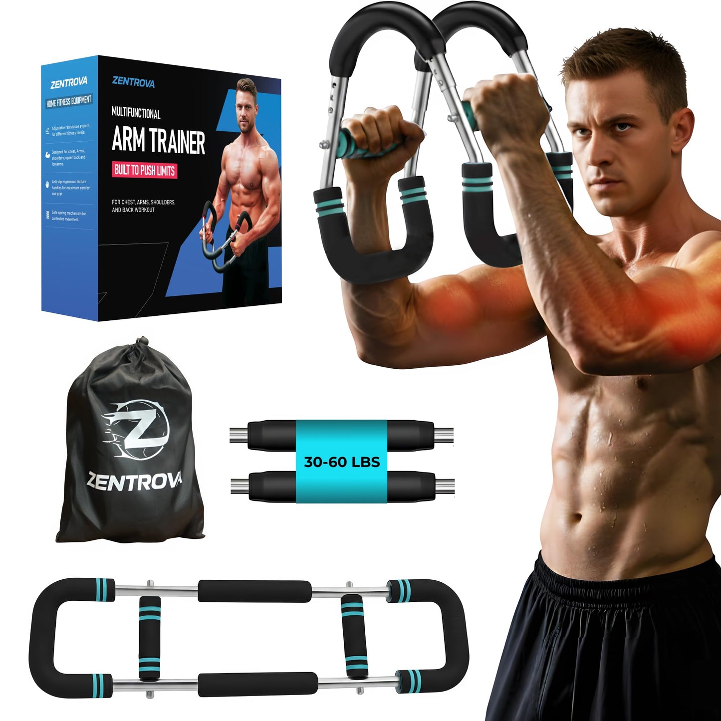 Zentrova Twister Arm Trainer, Adjustable Resistance 30–120 lbs, Chest & Arm Workout Equipment for Men & Women | Portable Spring Power Twister Bar | Upper Body Strength Trainer | Home Gym Fitness