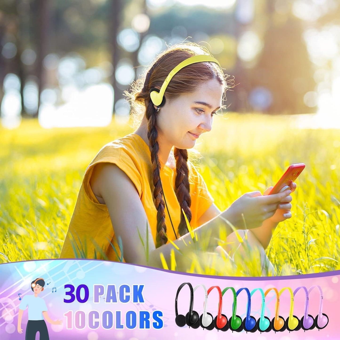 10 Pack Set (LS04,10 Classroom Headphones Bulk Multi Color for Kids School, Wholesale Class Durable Earphones