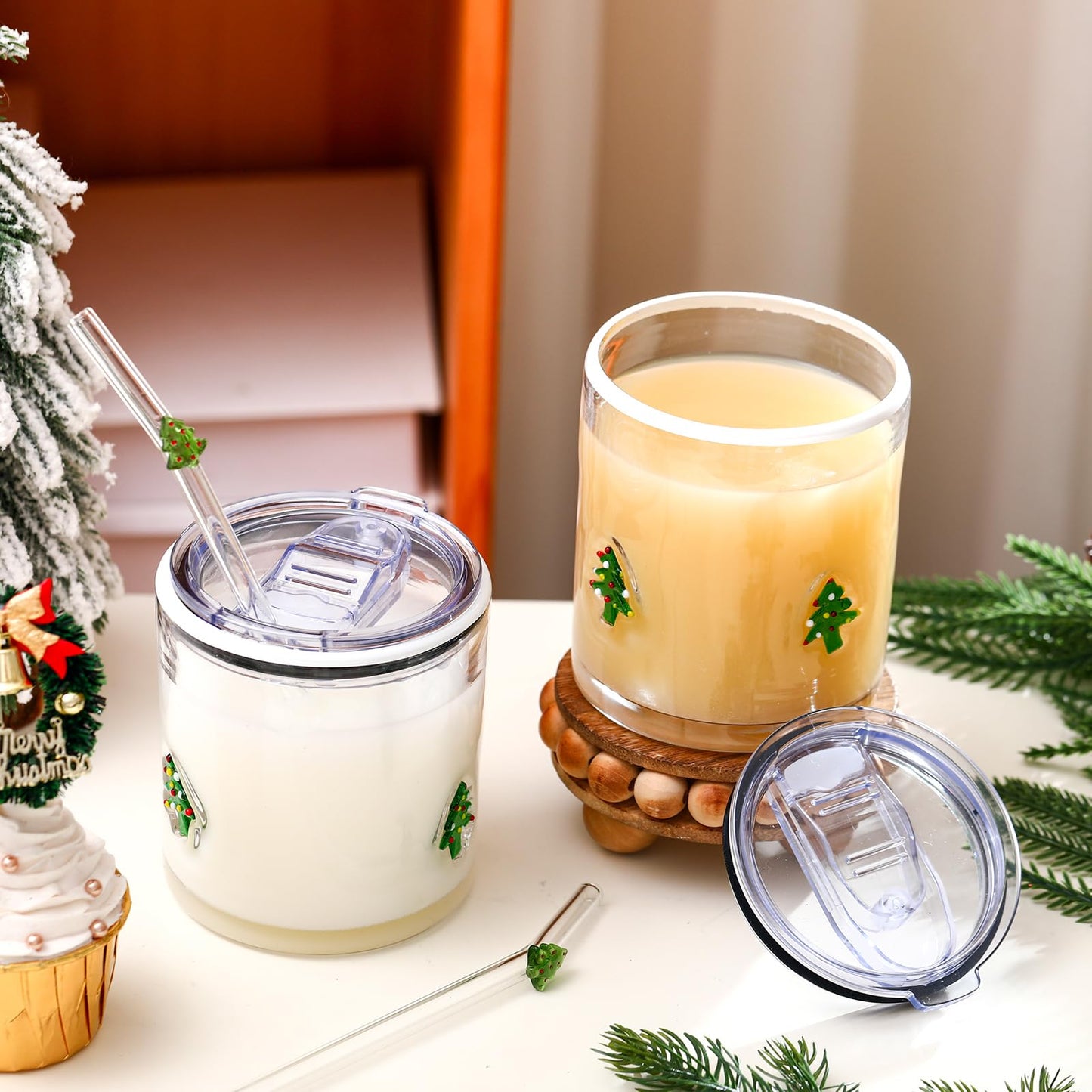 Patelai 2 Pcs Christmas Tree Icon Glasses Cups with Lids and Straws 15oz Reusable Drinking Iced Coffee Glass Cups Cute Xmas Tumbler Gifts for Christmas Adults Women Men Holiday Stocking Stuffer