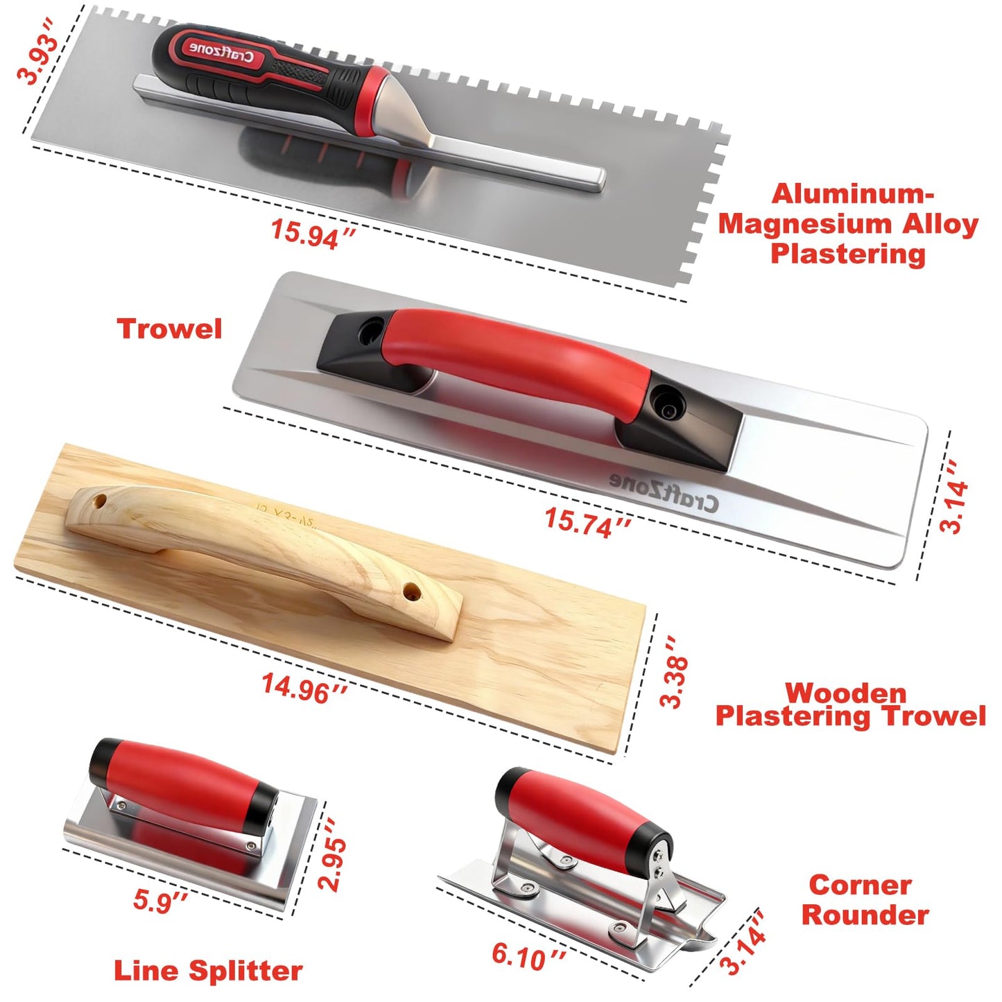 9 Pcs Masonry Hand Tool Set Concrete Trowel Set Includes Large Flat Finishing Wood Float Concrete Edger and Groover Wire Twister Margin Gauging in a Tools Bag