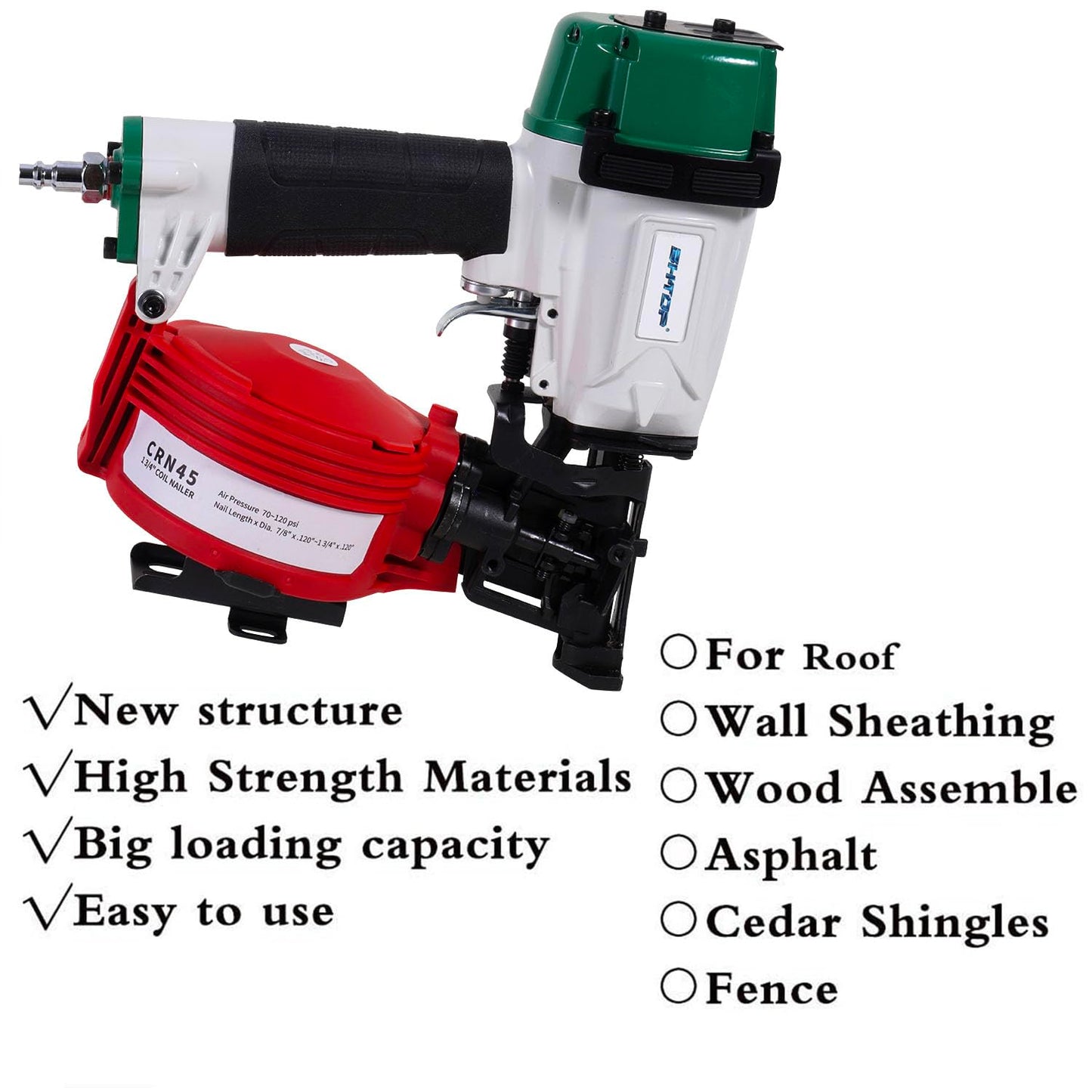 BHTOP Mexican Style CN45N Roofing Nailer, 15 Degree Roofing Nail Gun, 3/4-Inch to 1-3/4-Inch Coil Nails, 120-pcs Load Capacity Coil Nailer