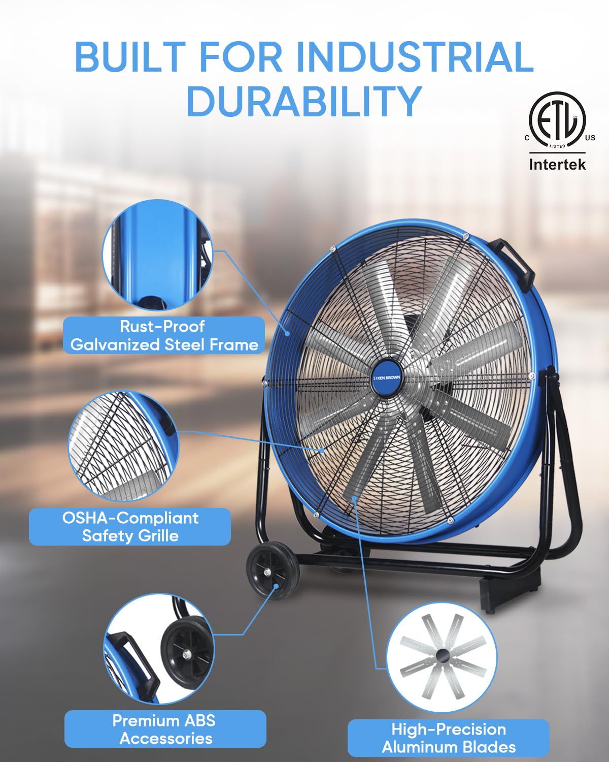 KEN BROWN 24 Inch Industrial Drum Fan, High Velocity Floor Shop Fan, Heavy Duty, 9500 CFM, 8 Blades, 3 Speeds, 360 Degree Tilt, Ideal for Industrial, Commercial, Gym, Garage Use, Blue