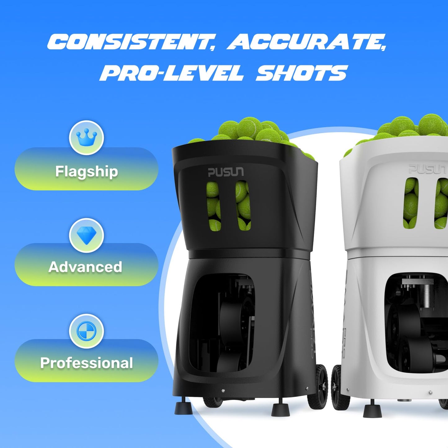 PUSUN｜PT-Smart Pro Internal Oscillation Tennis Ball Machine: App with 12 Built-in Training Modes, 28-Pt Custom Drills,75MPH, 5H,32.6lb Portable for Tennis & Padel,Training, Practice,Beginners to Pros