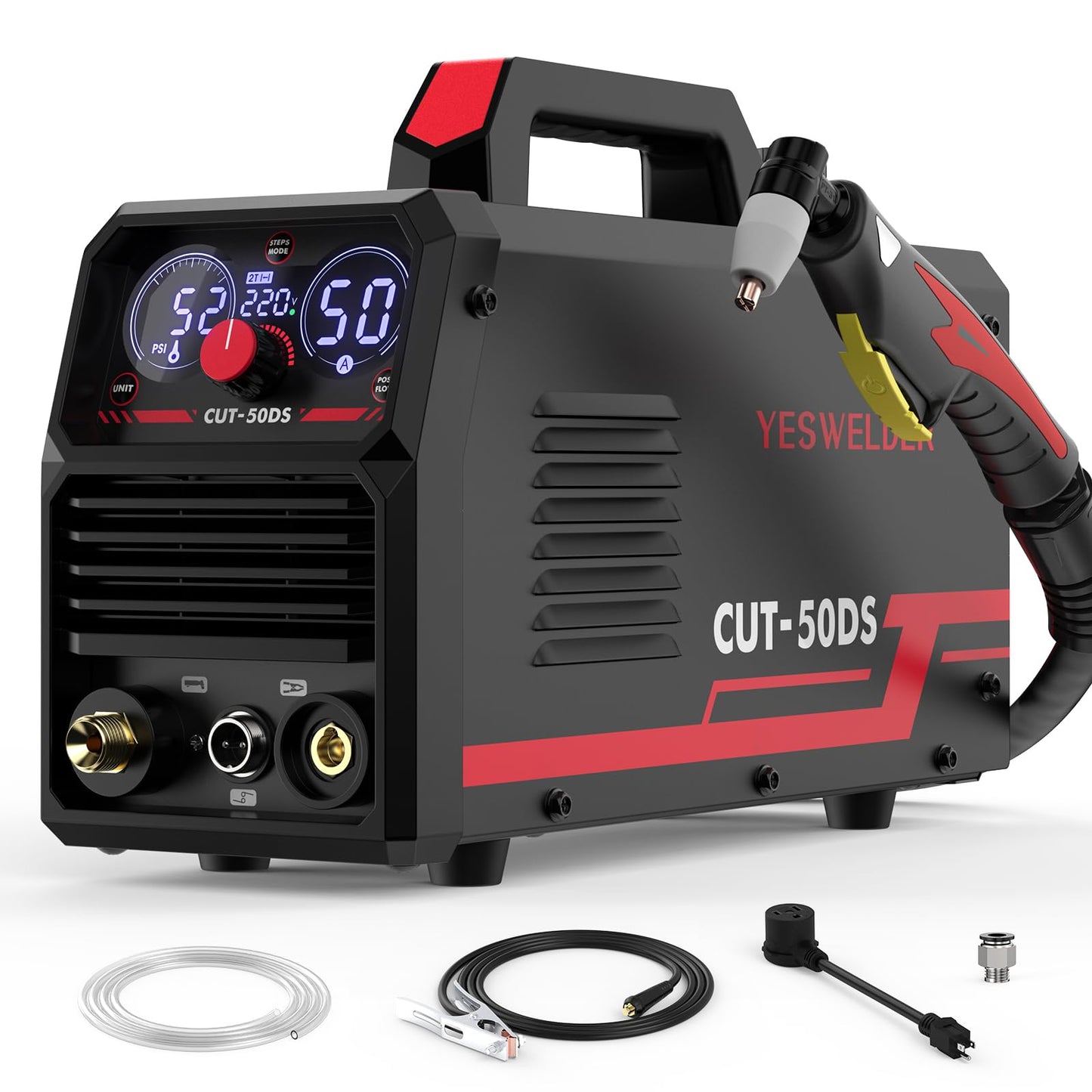 YESWELDER CUT-50DS Plasma Cutter, 50A 110V/220V Pilot Arc Digital Display Plasma Cutting Machine & 60 Pcs Plasma Cutting Consumables Fit Cut40 50 with Plasma Cutter Torch PT31 LG40
