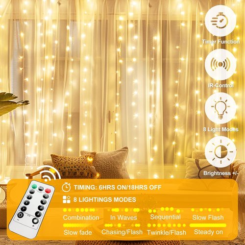 200 LED Fairy Curtain Lights - 6.6 x 6.6 FT Warm White USB Plug with Remote | 8 Modes for Christmas & Events
