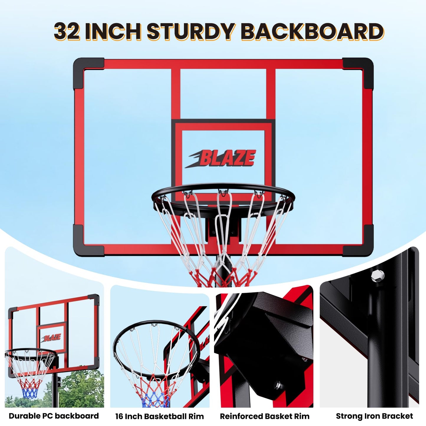 Portable Basketball Hoop 4.1–8.5FT Adjustable, 32" Shatterproof Backboard, Fillable Base with Weight Bag & Wheels, Outdoor Basketball Goal for Kids & Teens Backyard Driveway(Red)