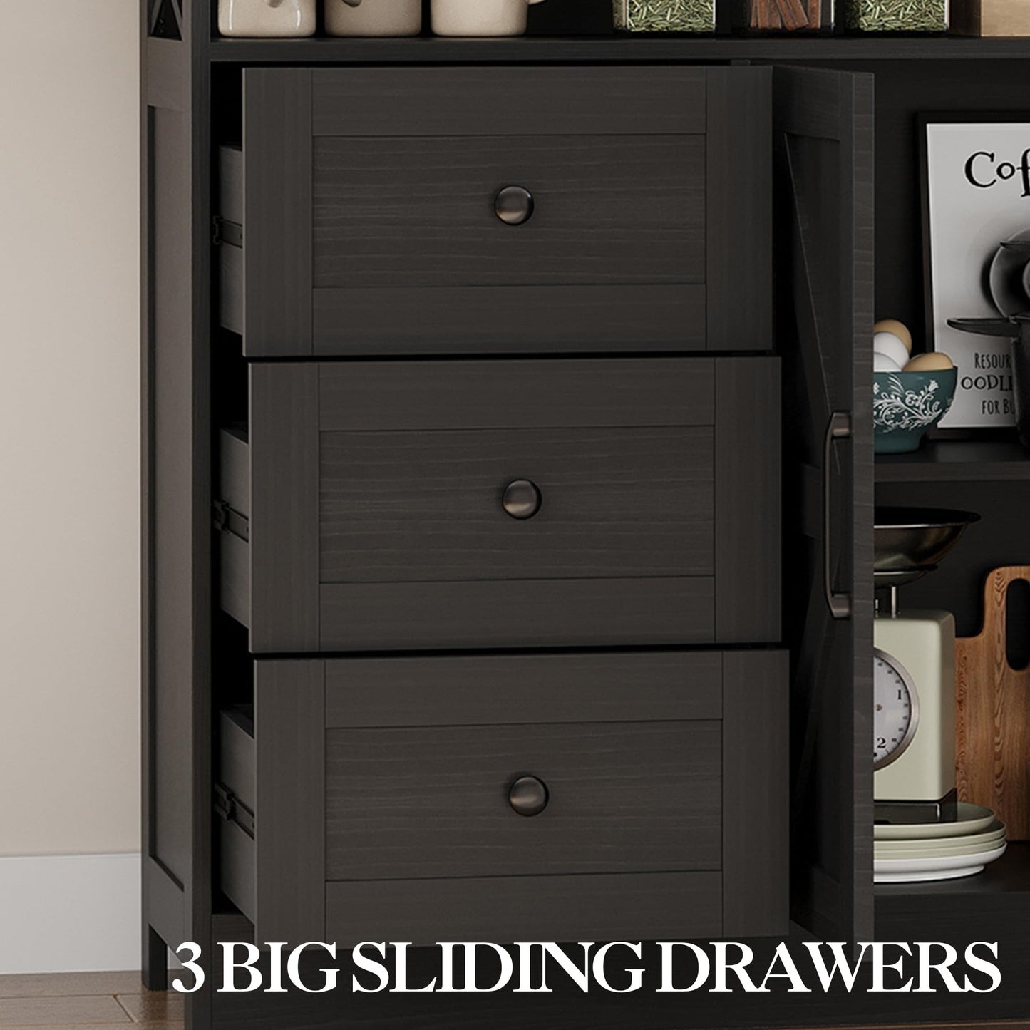 GAOMON 51Inch Sideboard Buffet Cabinet, Wood Rustic Coffee Bar Large Buffet Storage Cabinet with Drawers and Power Outlets Shelves Doors for Dining Kitchen Living Room, Black