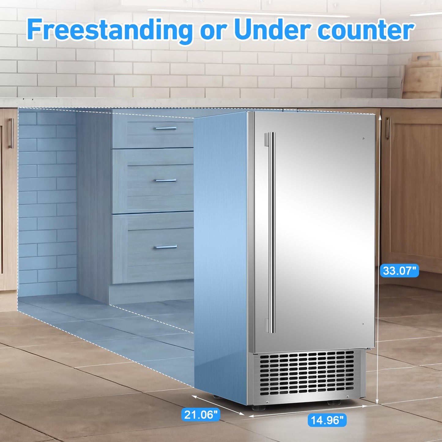 Under Counter Ice Maker 120lbs/24h, 2 in 1 Commercial Ice Machine & Beverage Refrigerator with 2 Drawers & 30lbs Storage, Stainless Steel Reversible Door, Adjustable Ice Thickness for Home Bar Kitchen