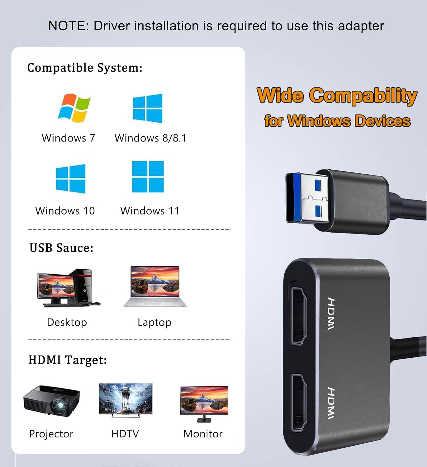 AKWOR 2 3.0 1920 1080P@60HZ USB to HDMI Adapter for Monitors, USB to Dual HDMI Adapter * Full HD Audio Video Graphics