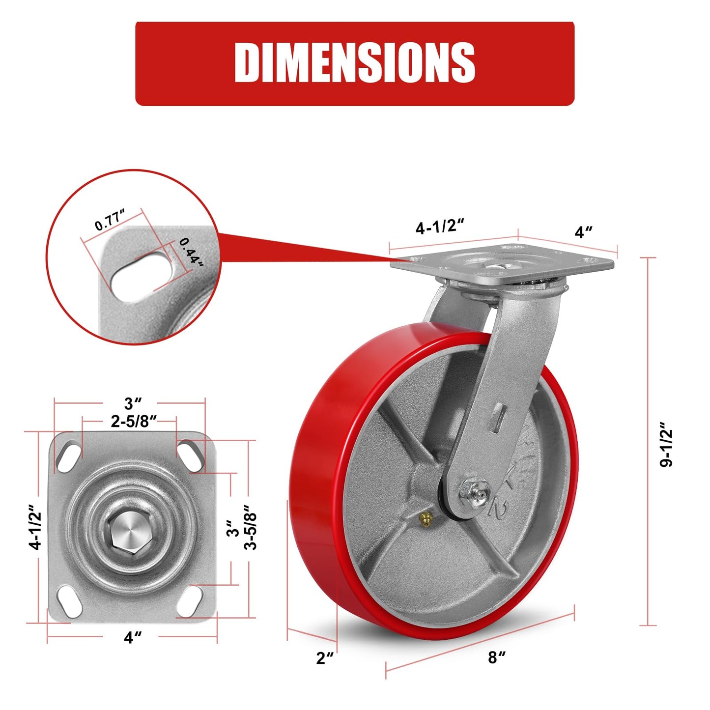 LONGRUNFORU 8" X 2" Industrial Plate Swivel Caster Set of 4 Heavy Duty,Load Capacity 6000lbs, No Noise Polyurethane Caster on Steel Hub for Toolbox Workbench