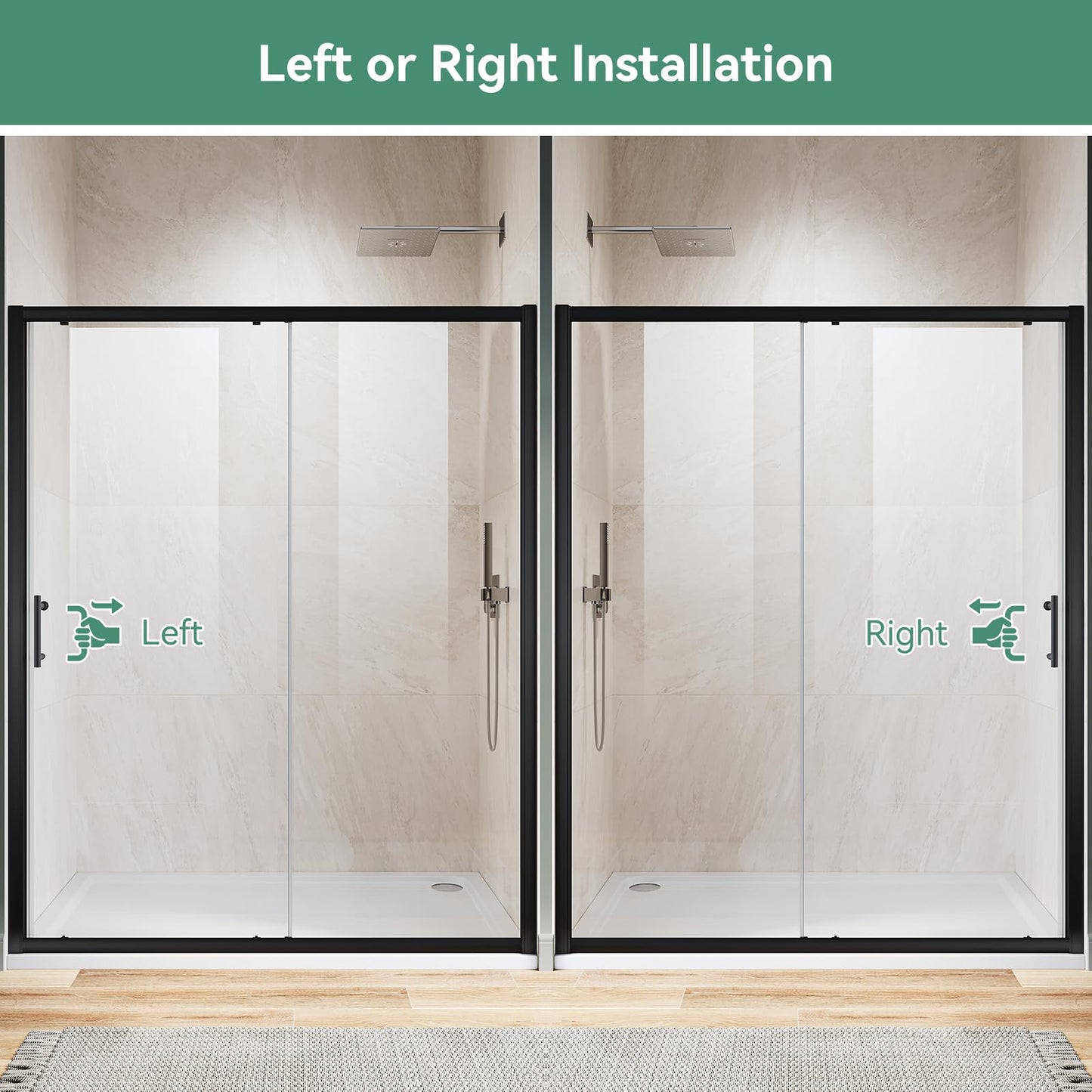 Hydrave Sliding Shower Door 60 in.D x 72 in. H|1/4 in. High-Strength Clear Tempered Glassd Shower Door| Aluminum Frame Semi-Frameless Sliding Door| Black (Shower Base Not Included)