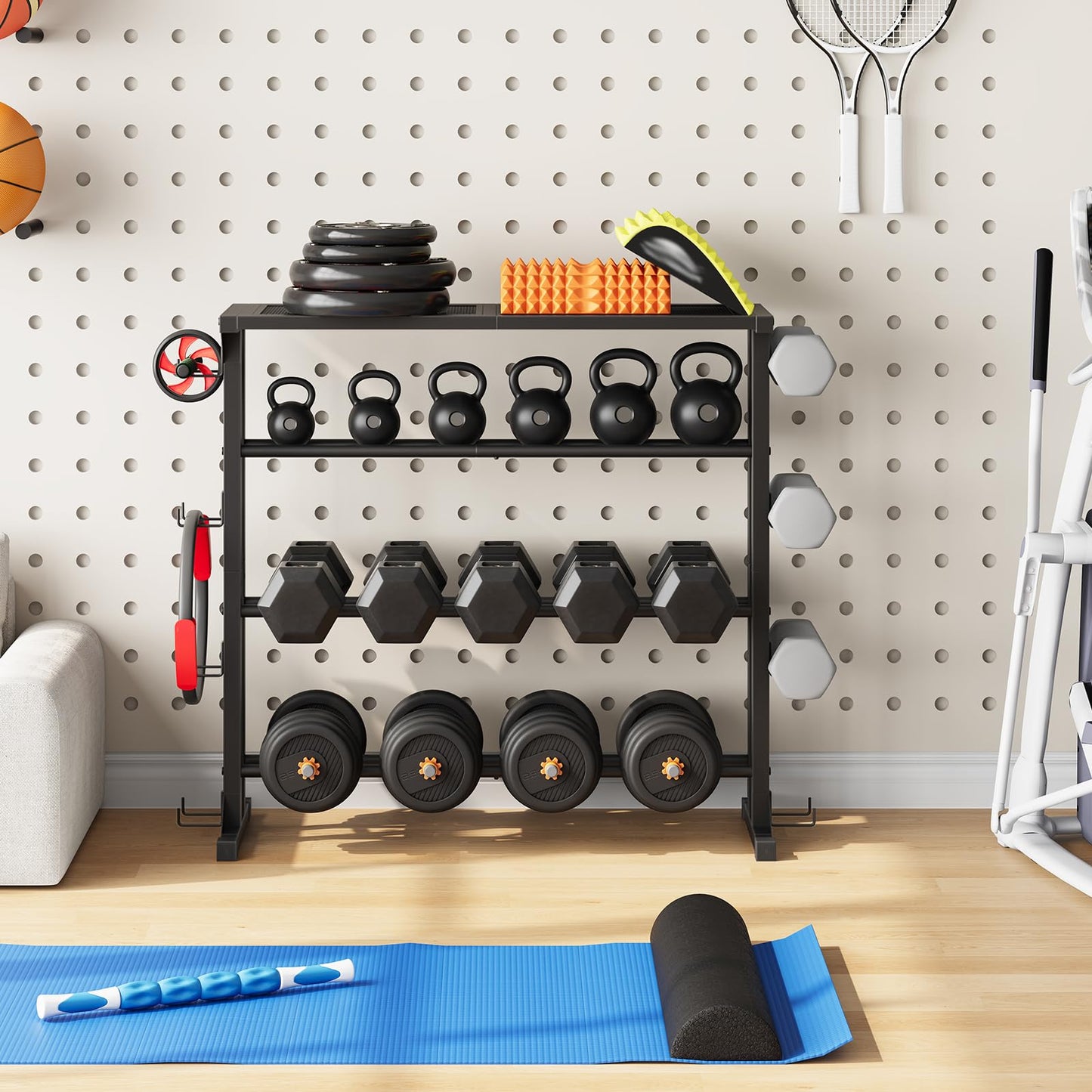 HOOBRO Dumbbell Rack - 4 Tiers Weight Rack for Home Gym, Heavy Duty Weight Storage Racks for Dumbells, Kettlebells, Barbells, Space-Saving Dumbbell Storage Stand Holder with Side Hooks, Black BK87CJ01N1