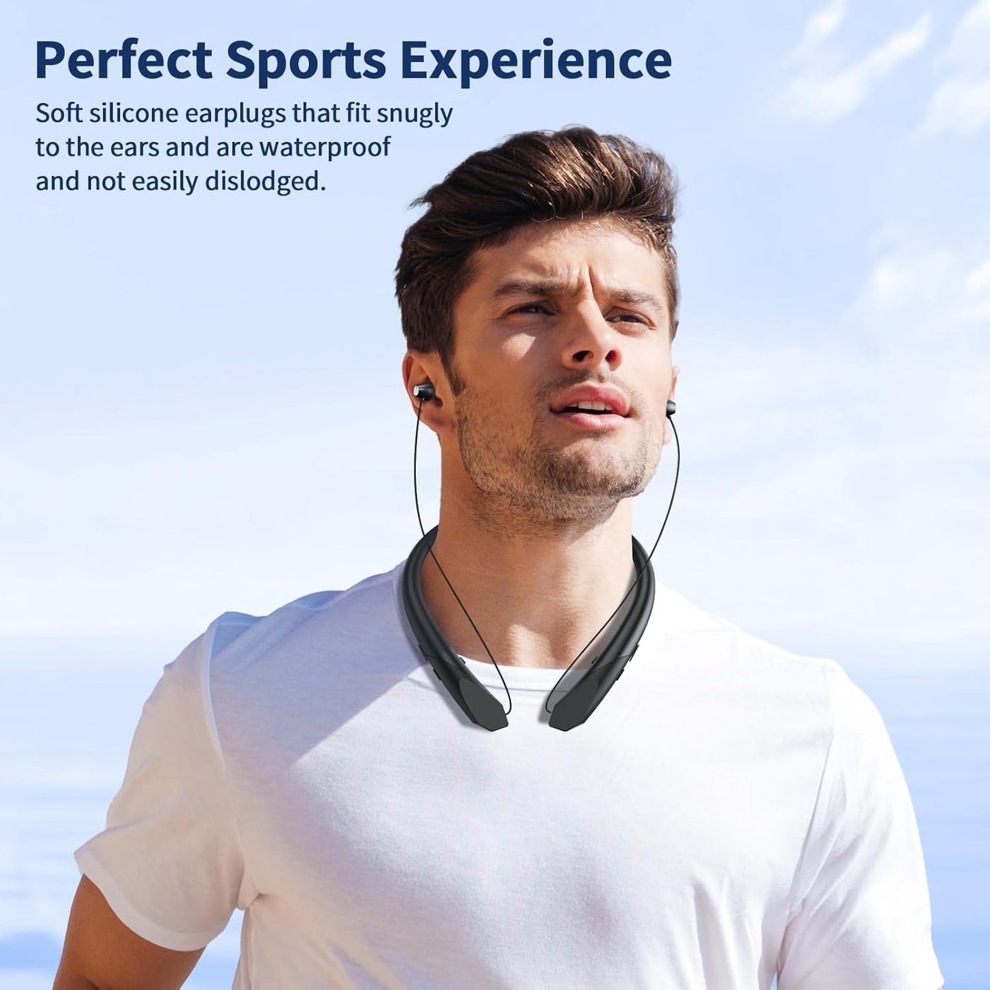 ZIQOPGD Headset IPX5 Neckband Bluetooth Headphones, Retractable Wireless Bluetooth Earbuds with Microphone, Sweatproof