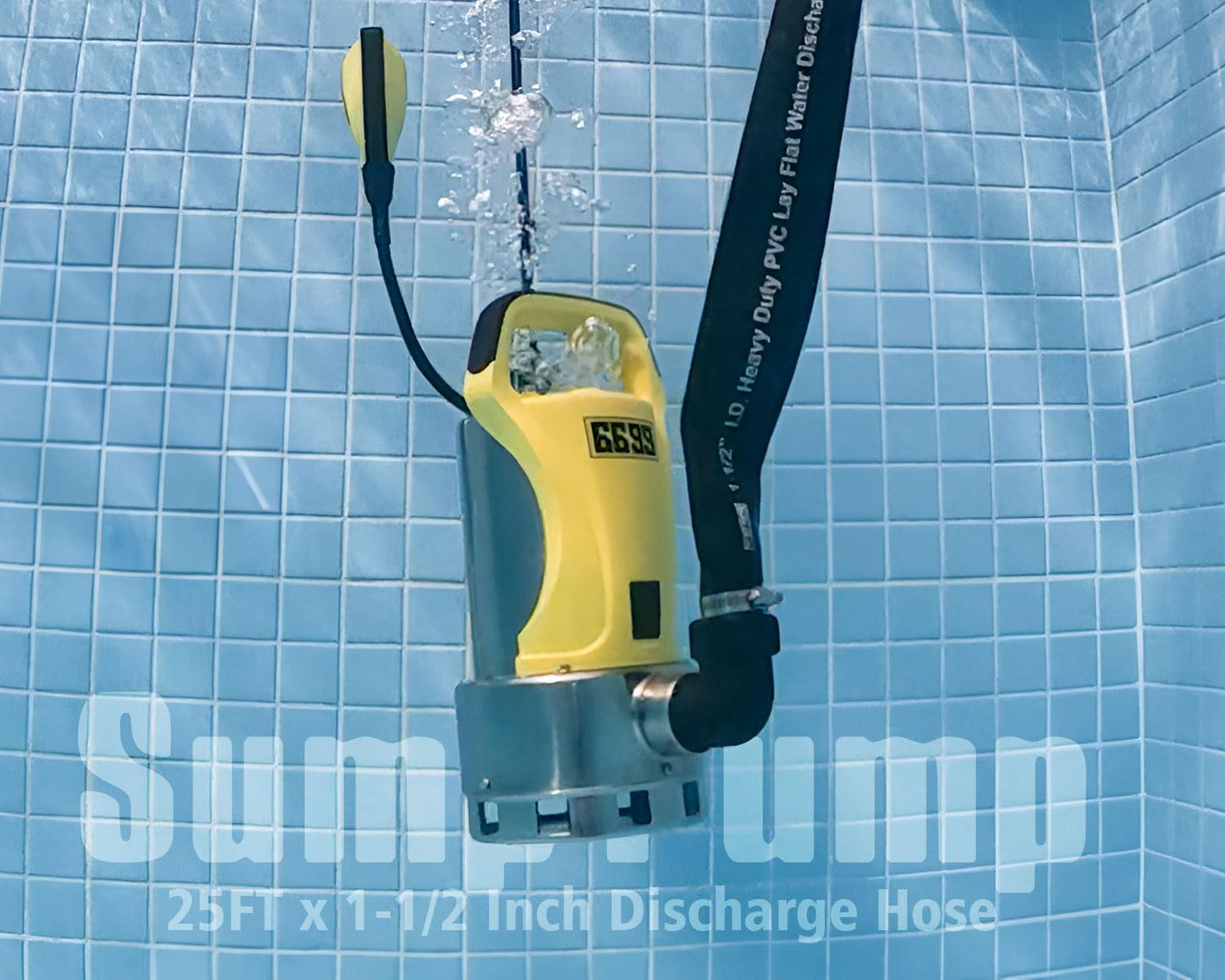 6699 1.5HP Sump Pump Submersible Water Pump with 25FT x 1-1/2” Backwash Hose Up to 6500GPH Stainless Steel Utility Pump Drain Water from Pool Basement Sump Pit Garden Pond Hot Tub SUB 6500SS KIT