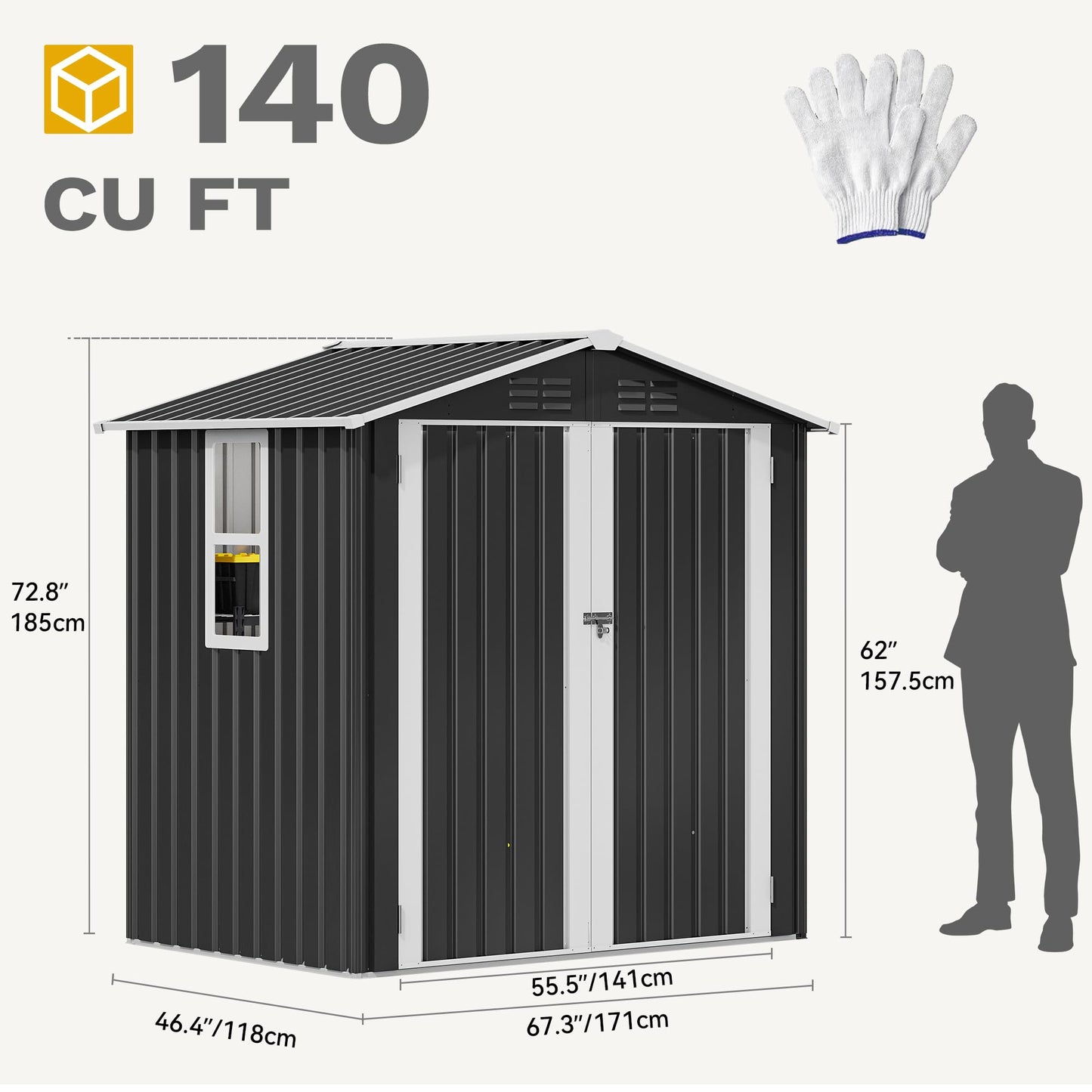 DWVO 6x4ft Large Tool Storage Shed with Window, Lockable Doors, and Sloped Roof, Oversized Steel Outdoor Storage Shed for Garden, Patio, Garage, Backyard, Lawn - Gray White