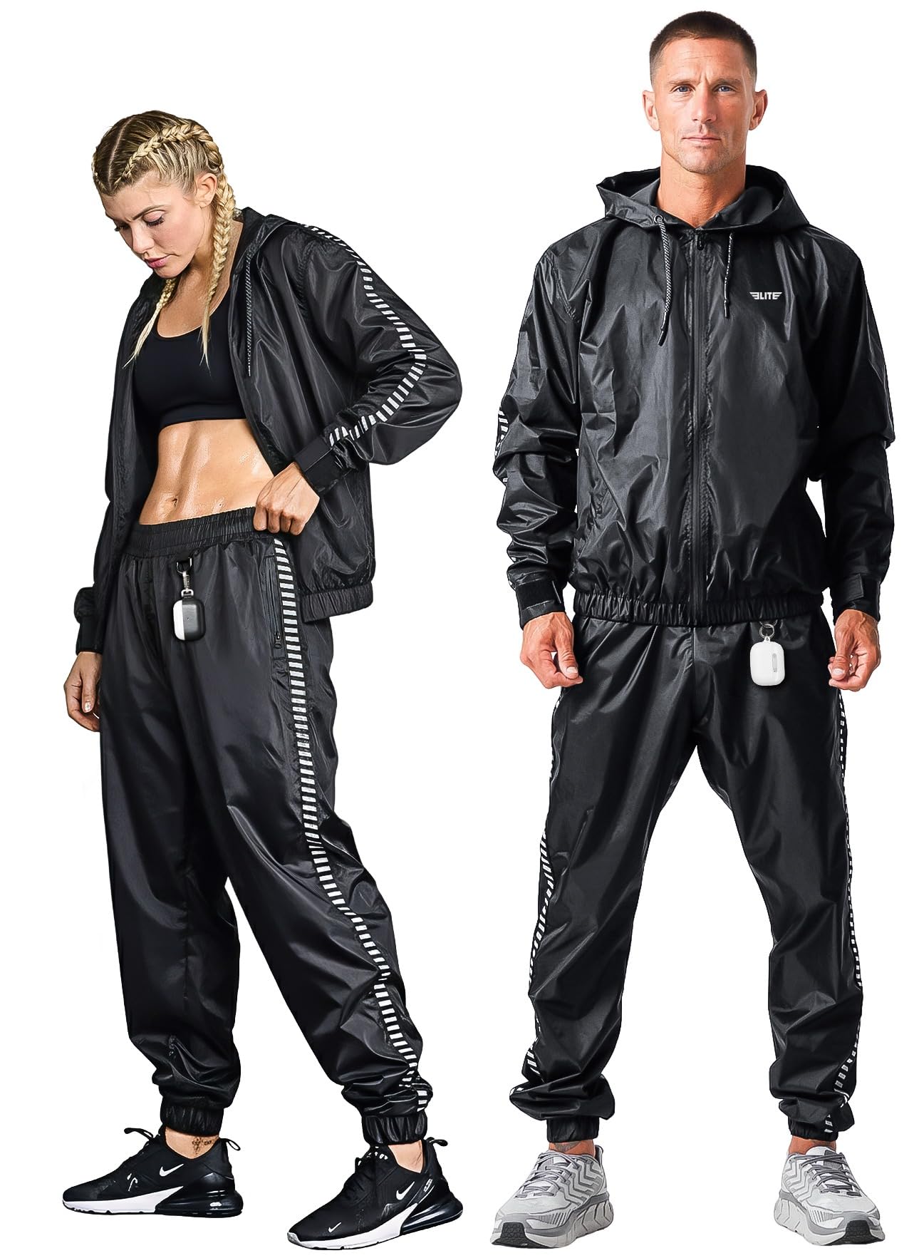 Elite Sports Zipper Sauna Suit for Men & Women – Weight Loss Full Body Hoodie Sweat Suit, Lightweight Anti-Rip PVC Fabric for Boxing, MMA, Gym Workout, Fitness Training Gear (Black, Large)