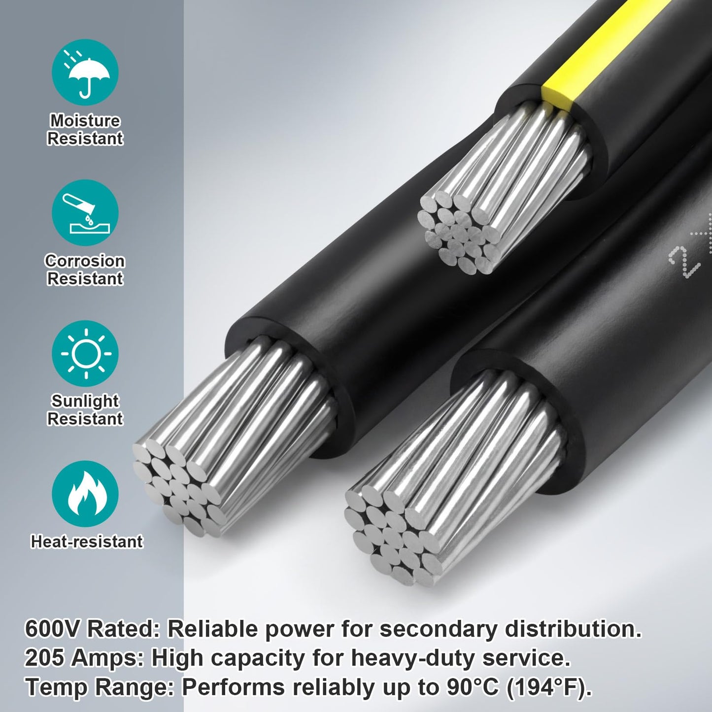 BreezeHug 125Ft 4/0-4/0-2/0 Aluminum URD Direct Burial Cable, 3-Conductor 600V, 19-Strand, XLPE Insulation Service Cable, Direct Burial Wire for Outdoor& Conduit