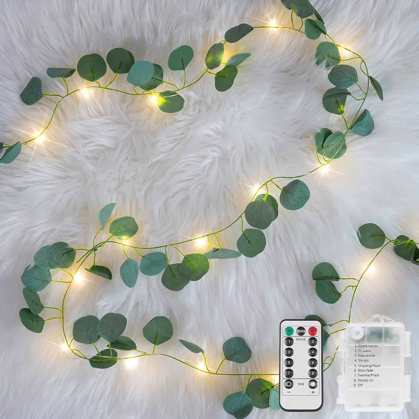 Suddus Eucalyptus Garland String Lights - 33ft Battery Operated with 100 LEDs & Remote | Warm White Decor for Bedroom, Garden, Party, Wedding