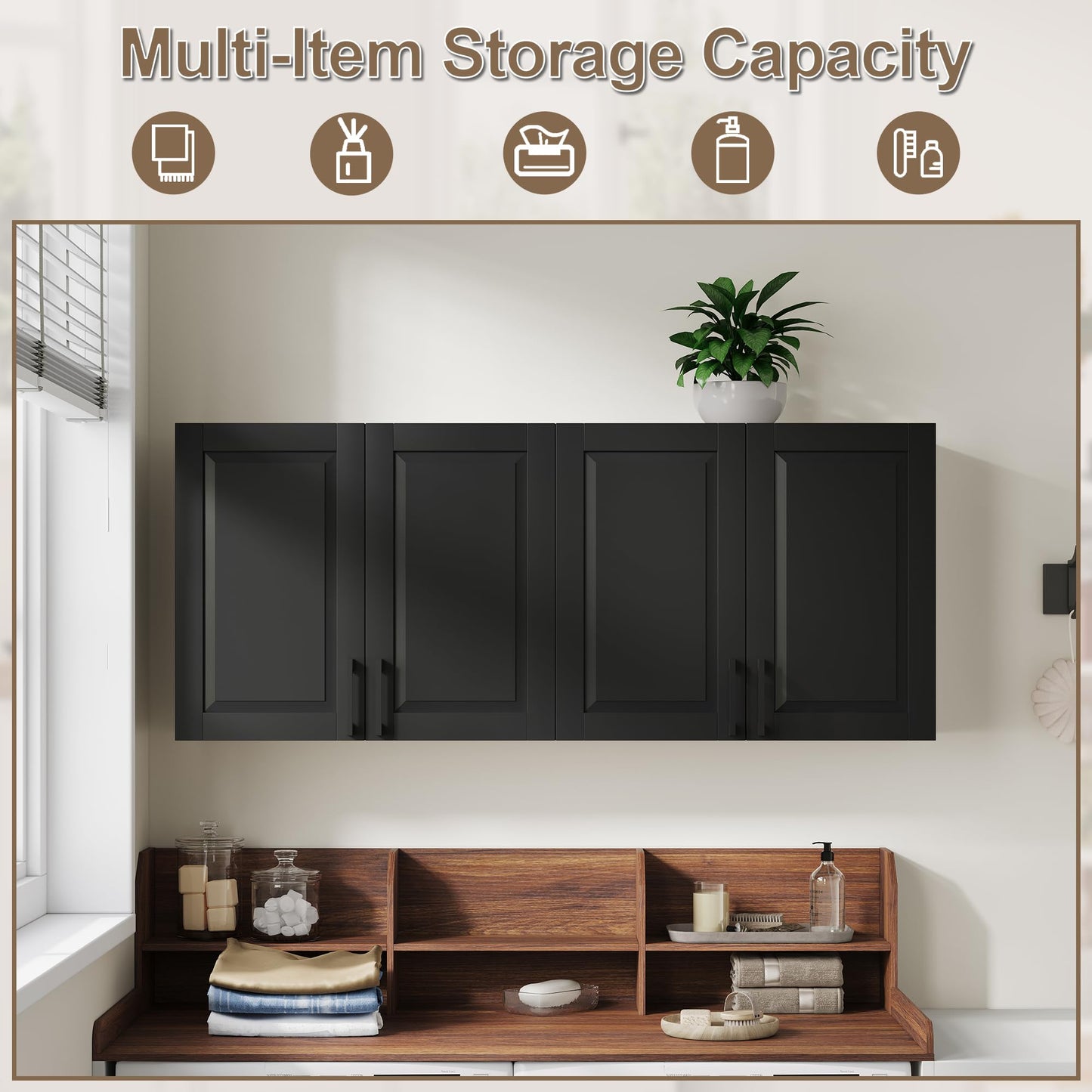 ChooChoo Laundry Room Cabinets, 4 Doors Wall Mounted Storage Cabinet, Kitchen Wall Storage, Bathroom Wall Cabinet, Black