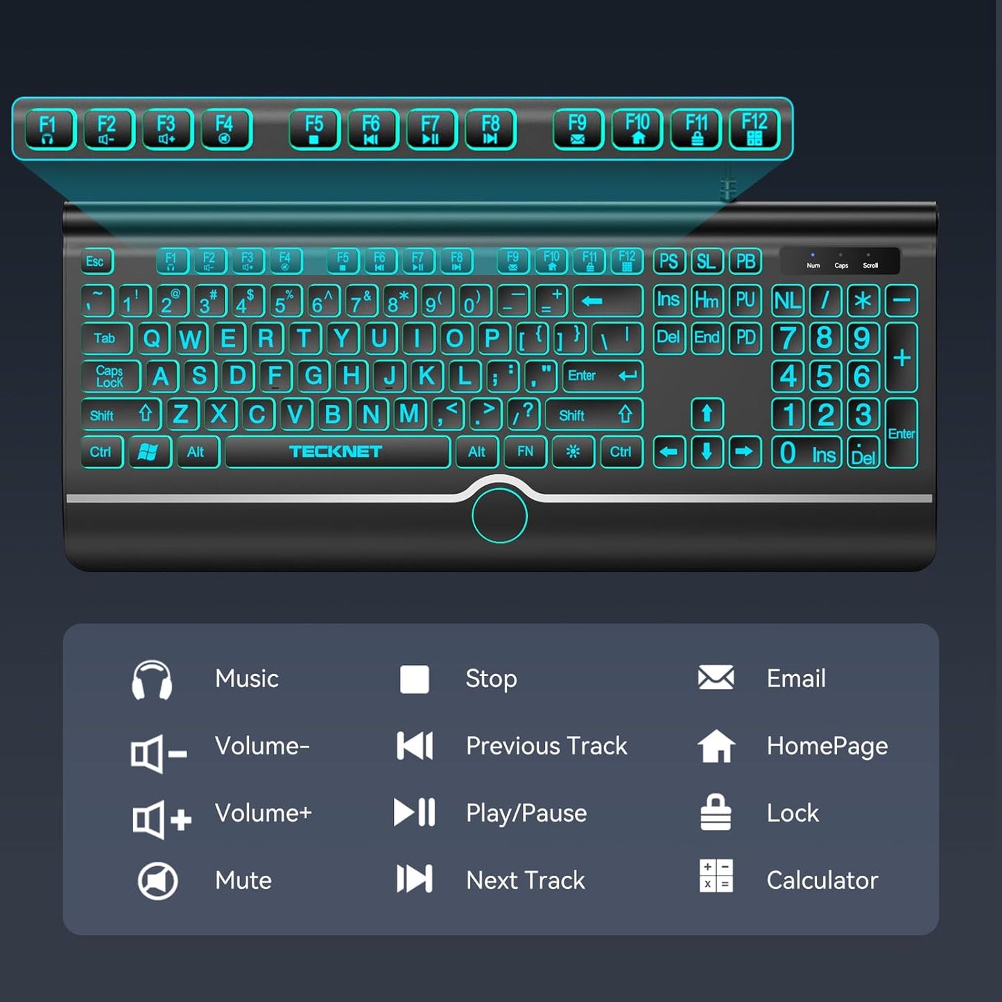 TECKNET 7-Color Large Print Backlit Keyboard, Wired USB-A Computer Keyboard with Wrist Rest, Backlit, Oversized Letter