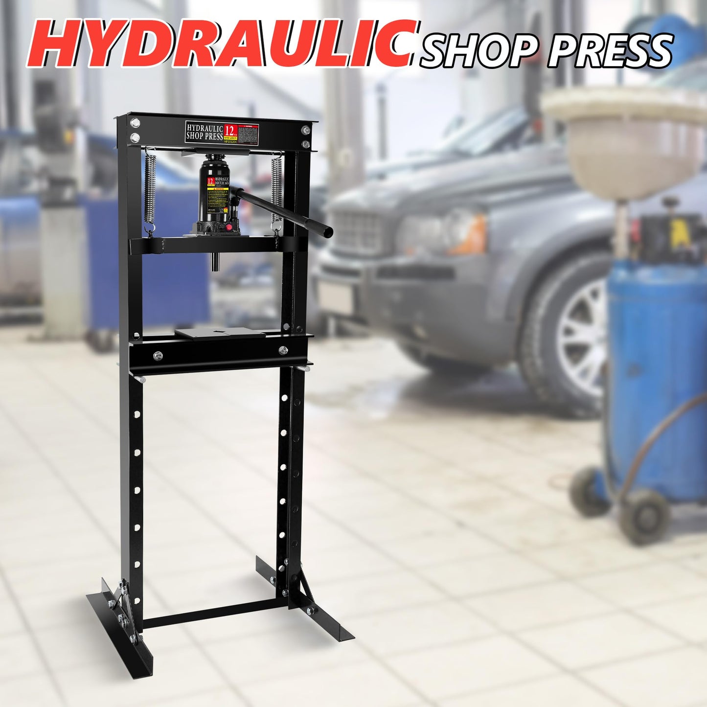 Hydraulic Shop Press,12 Ton H-Frame Garage Floor Adjustable Shop Bearing Press with Stamping Plates to Bend, Straighten, Or Press Parts, Install Bearings & U-Joints