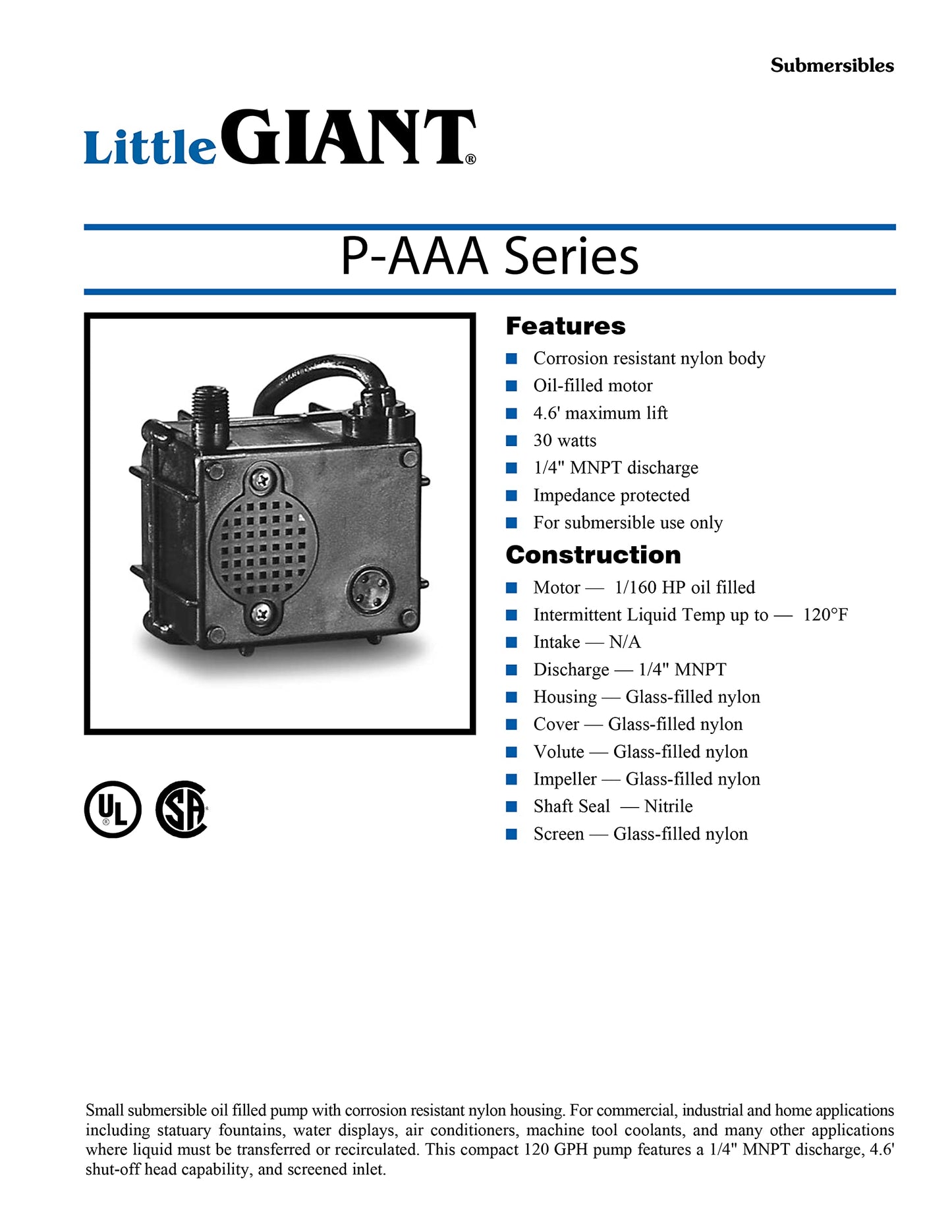 Little Giant P-AAA 1/160 HP, 230-Volt, 120 GPH Manual Small Submersible Oil-Filled Fountain/Recirculating Pump with 12-Ft. Lead Wires - No Plug, Black, 523112