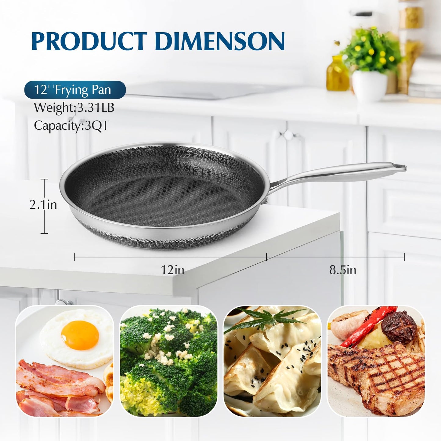 Dingerkit Nonstick Frying Pans, 12 inch Stainless Steel Frying Pan Non Stick with Honeycomb for Kitchen and Camping - Dishwasher and Oven Safe Skillet, Induction Gas Ceramic Cookware.