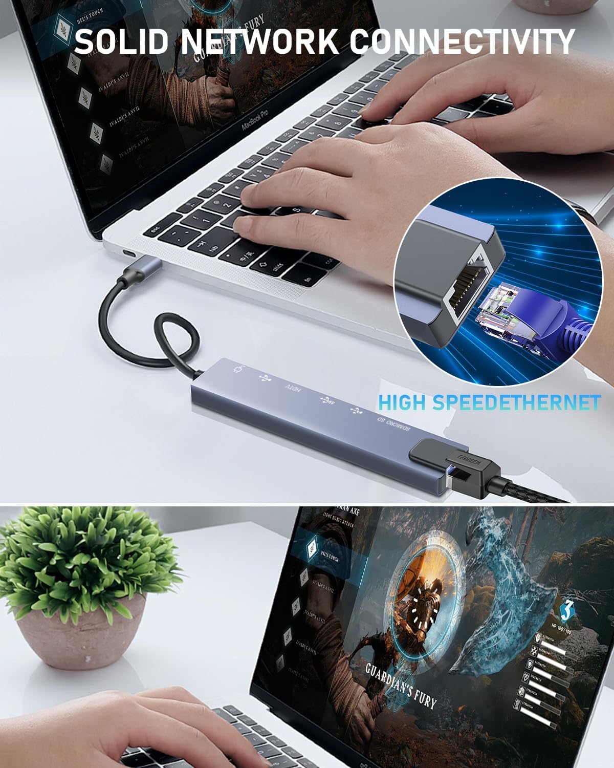 Duomigo 8-in-1 4K RJ45 USB C Docking Station Dual Monitor, USB C HUB Adapter, Triple Monitor for Laptop with HDTV & DP