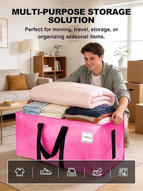4 Pack Large Moving Bags by [Brand Name] - Heavy Duty Water-Resistant Storage Totes | Space-Saving Design (Pink)
