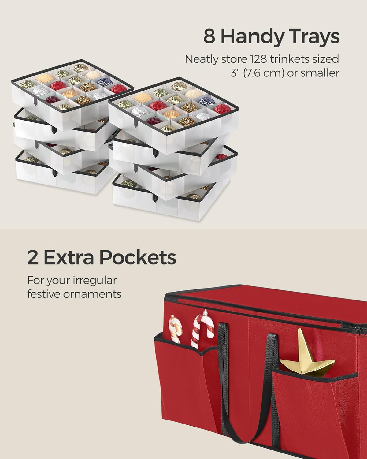 SONGMICS Christmas Ornament Storage Box - Stackable Dual Zipper Container with 128 Slots - Cherry Red, 600D Oxford