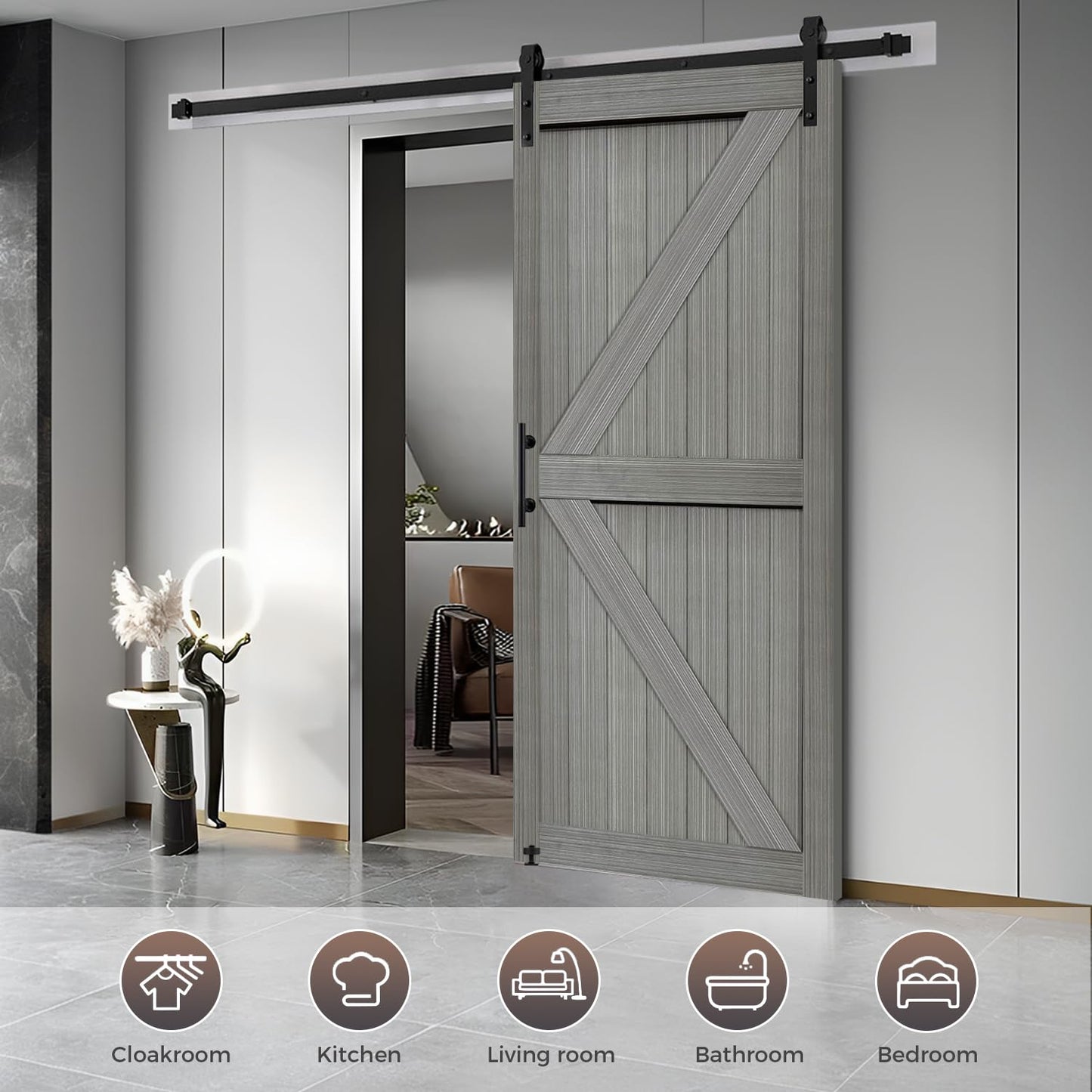 S&Z TOPHAND 36in x 84in MDF Elephant Gray Barn Door with 6.6FT Sliding Hardware Kit, Solid Barn Door Slab Covered with Water-Proof PVC Surface/Simple Assembly is Required