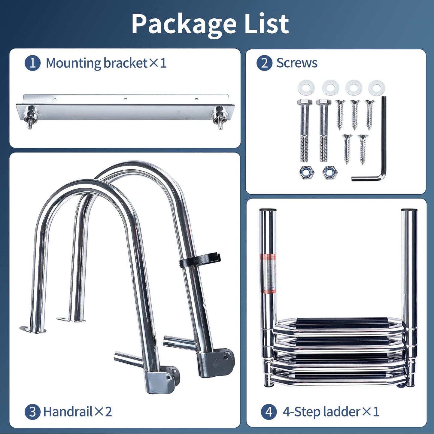 Marinebaby 4-Step Pontoon Boat Ladder, 316 Stainless Steel Folding Telescoping Inboard Ladder with Hand Railing and Extra Wide Steps