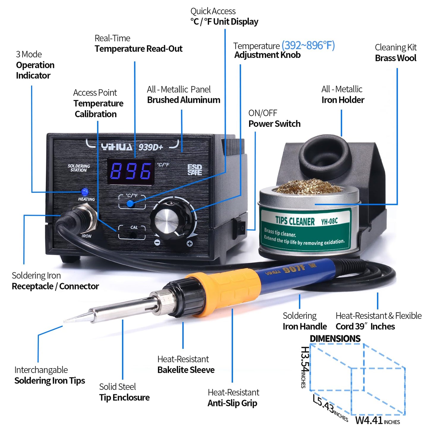 YIHUA 939D+ Professional Soldering Station bundle with YIHUA 959D-Digital Hot Air Rework Station and Accessories (18 Items)