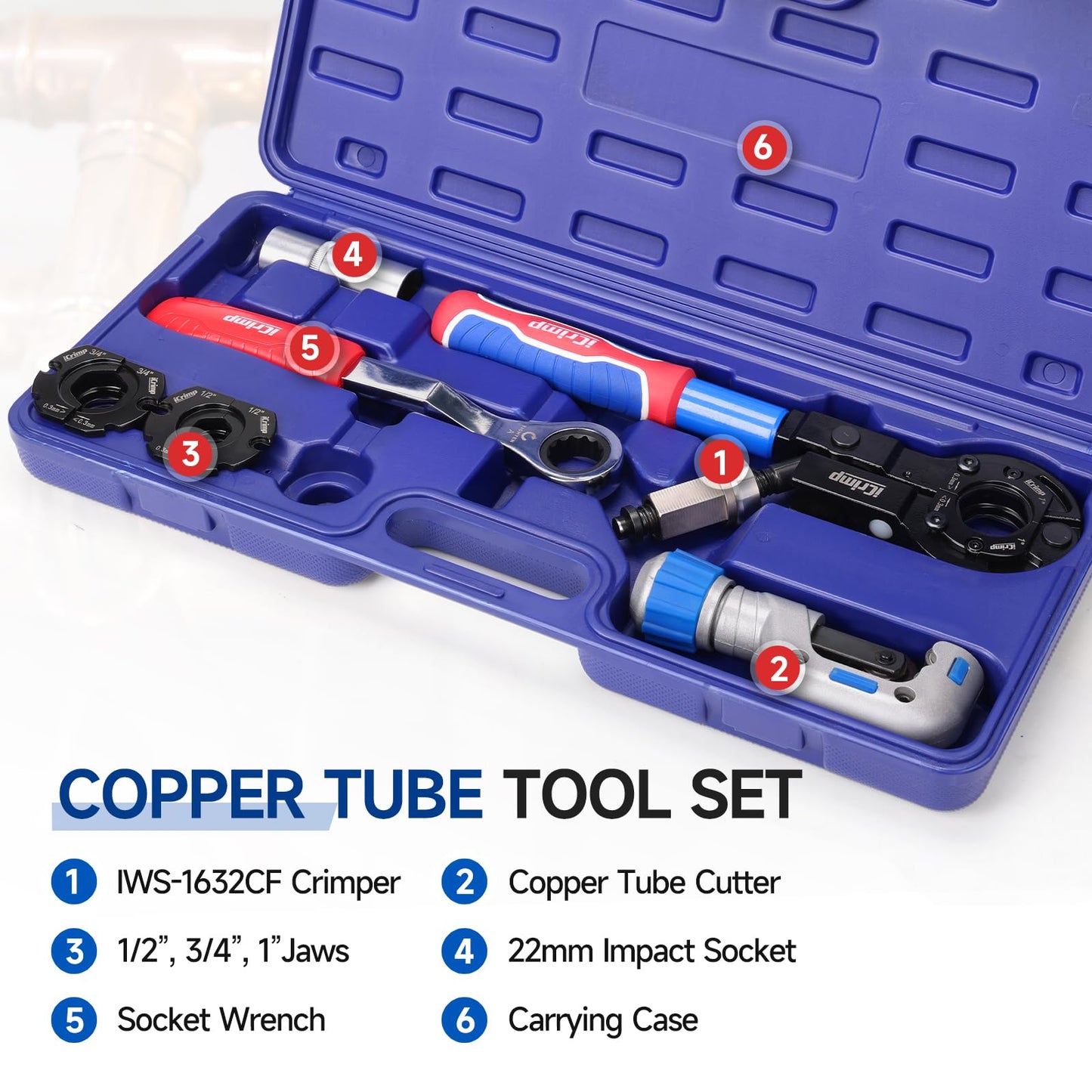 iCrimp Copper Pipe Press Tool for 1/2" 3/4" 1" Fittings, Manual Wrench & Electric Socket Dual-Drive Crimping Tool with Cutter, Compatible with ProPress, Compact Design for Tight Spaces