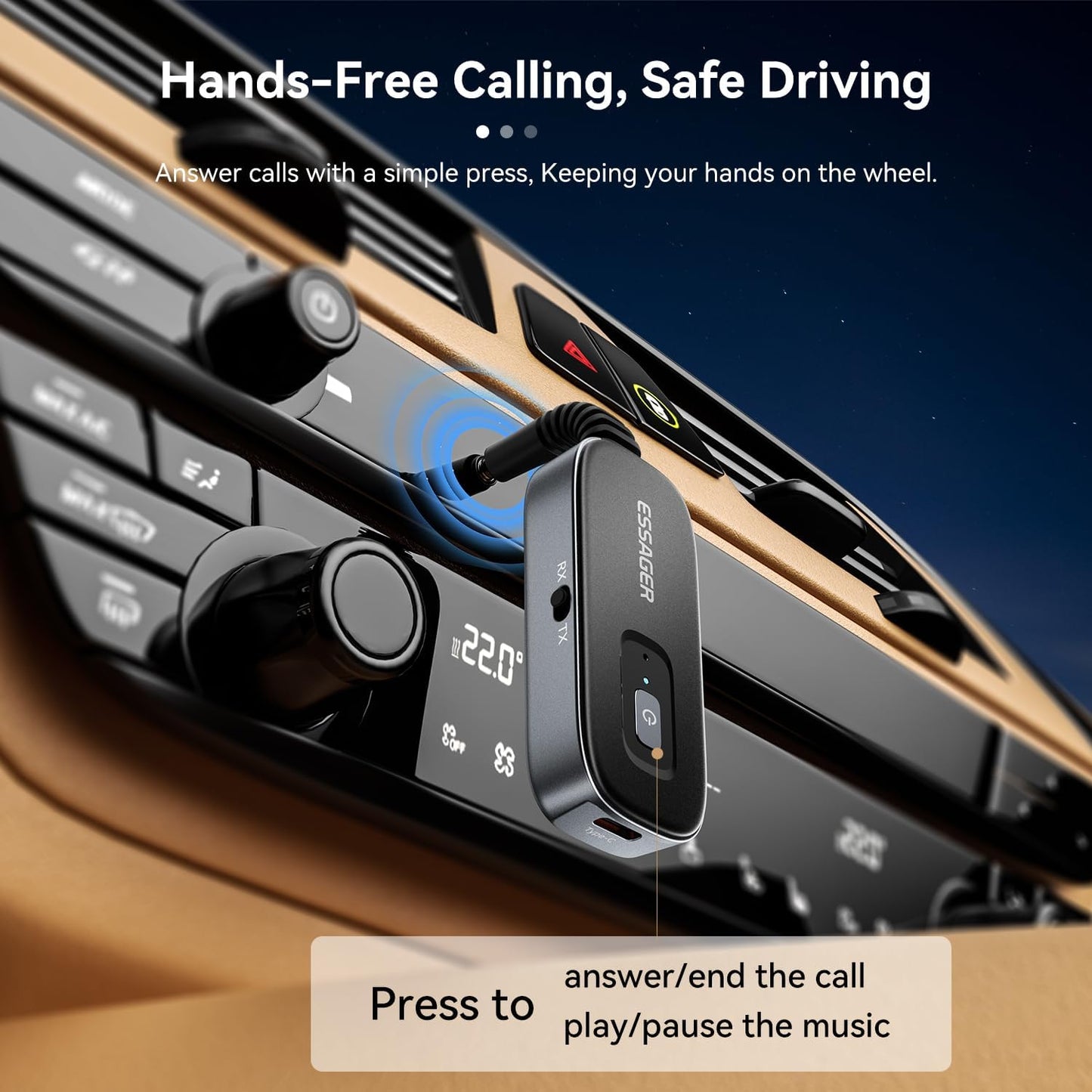 ESSAGER 3.5mm Bluetooth Car Adapter,Noise Cancelling AUX Bluetooth Receiver for Car,Wireless Audio Receiver Transmitter