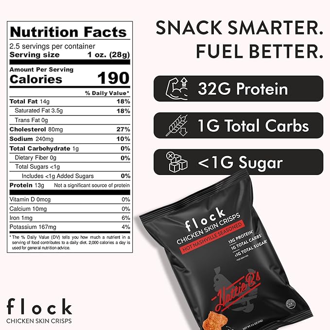 Flock Keto Chicken Skin Chips | Hattie Bs Nashville Hot Flavor | Keto Friendly, Low Carb, High Protein, Flavor Packed, Gluten Free Single Serve Snack | (2.5oz) 4-Pack