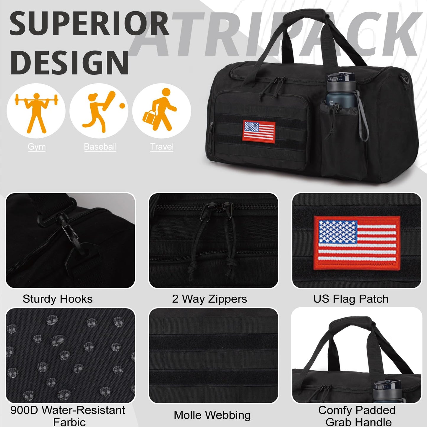 Tactical Gym Bag for Men, 40L Large Capacity Duffle Bags with Shoes Compartment, Sports Bag with wet compartment, Multi-functional Weekend Bags Suitable for Travel, Camping,hiking