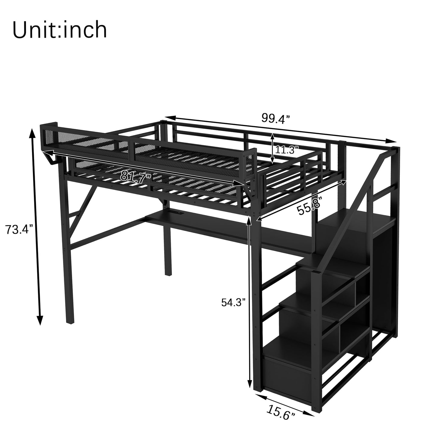 KEIKI Full Size Metal Loft Bed Frame with Desk, Staircase, Built-in Storage Shelves and Wardrobe, Modern Loft Bed with Solid Slats, Guardrail, No Box Spring Required, Easy Assembly, for Bedroom, Black