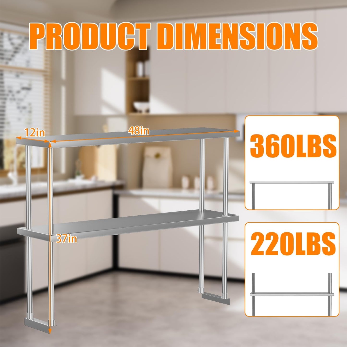 GarveeHome Heavy Duty Stainless Steel Double Overshelf for Commercial Kitchen - 2-Tier Adjustable Shelf (12 in x48 in) - 360 LB Capacity - Restaurant Prep Table, Workbench, Home & Garage Storage Rack