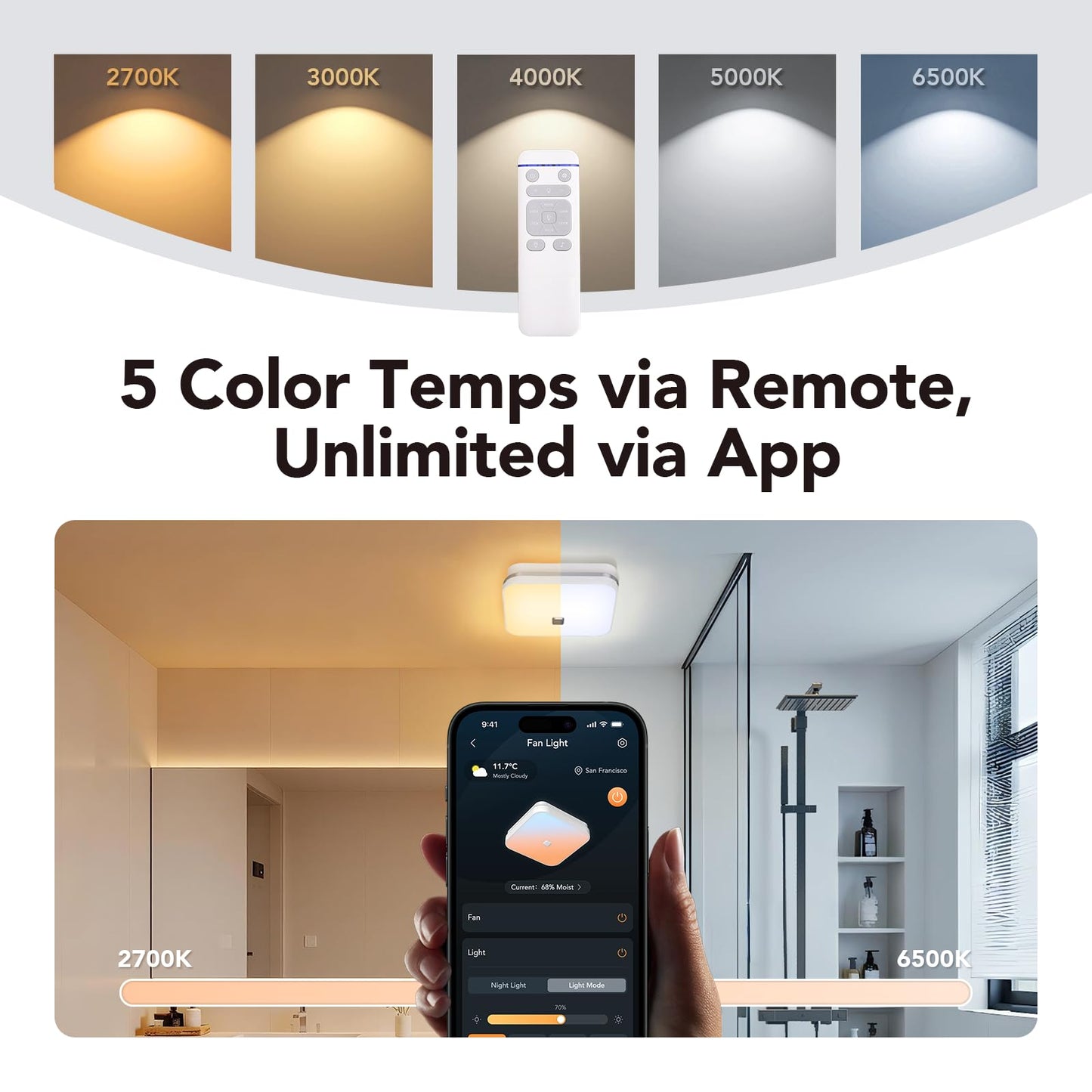 OREiN Matter Smart Bathroom Fan with Light (No Speaker), 110 CFM Quiet Ventilation Fan, 2700K–6500K & RGB Mood Lighting, App/Voice/Remote Control, Alexa/Google/Apple Home, Fits 7.36" x 7.68" Cut-Out