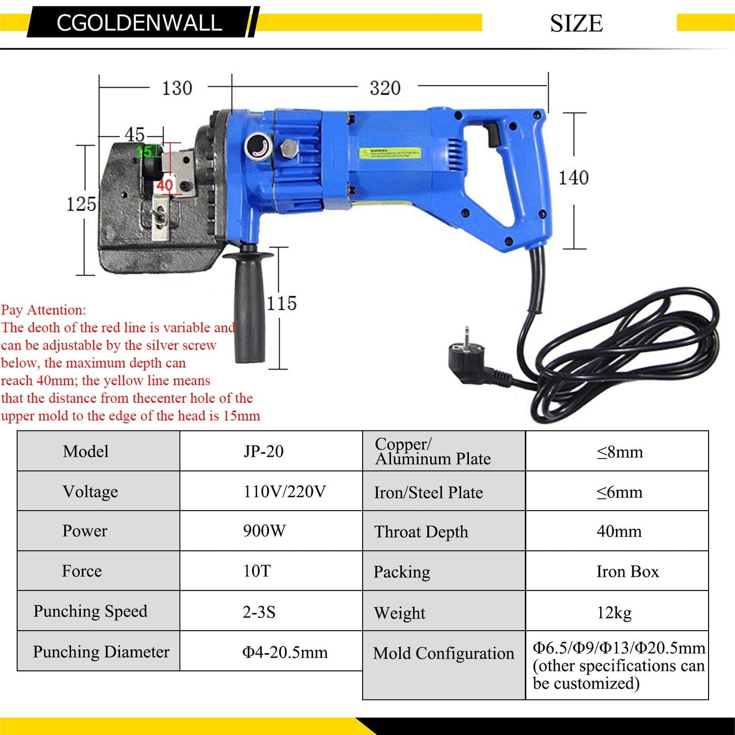 CGOLDENWALL 1300W Hydraulic Hole Punch Electric Hydraulic Hole Punching Tool Hole Digger for Steel Plate Iron Plate Aluminum Plate CE&ROHS Certificate with Pedal 110V
